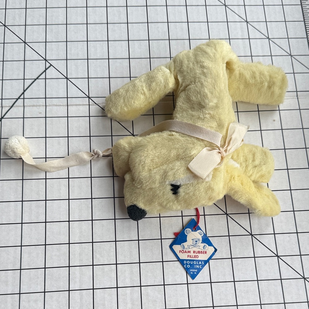 Vintage 1950s Douglas Co. Plush Yellow Puppy Dog Rattle – Foam Rubber Filled